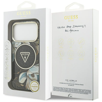 MagSafe puzdro pre Apple iPhone 18 Pro, Guess, IML Metal Glitter Flowers Triangle, čierne