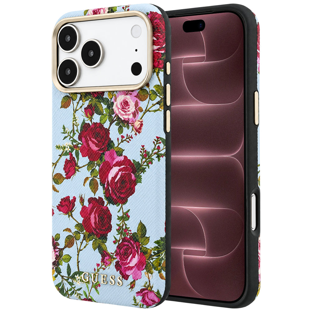 Puzdro MagSafe pre Apple iPhone 18 Pro Max / 17 Pro Max, Guess, Blossom Roses Print, modré