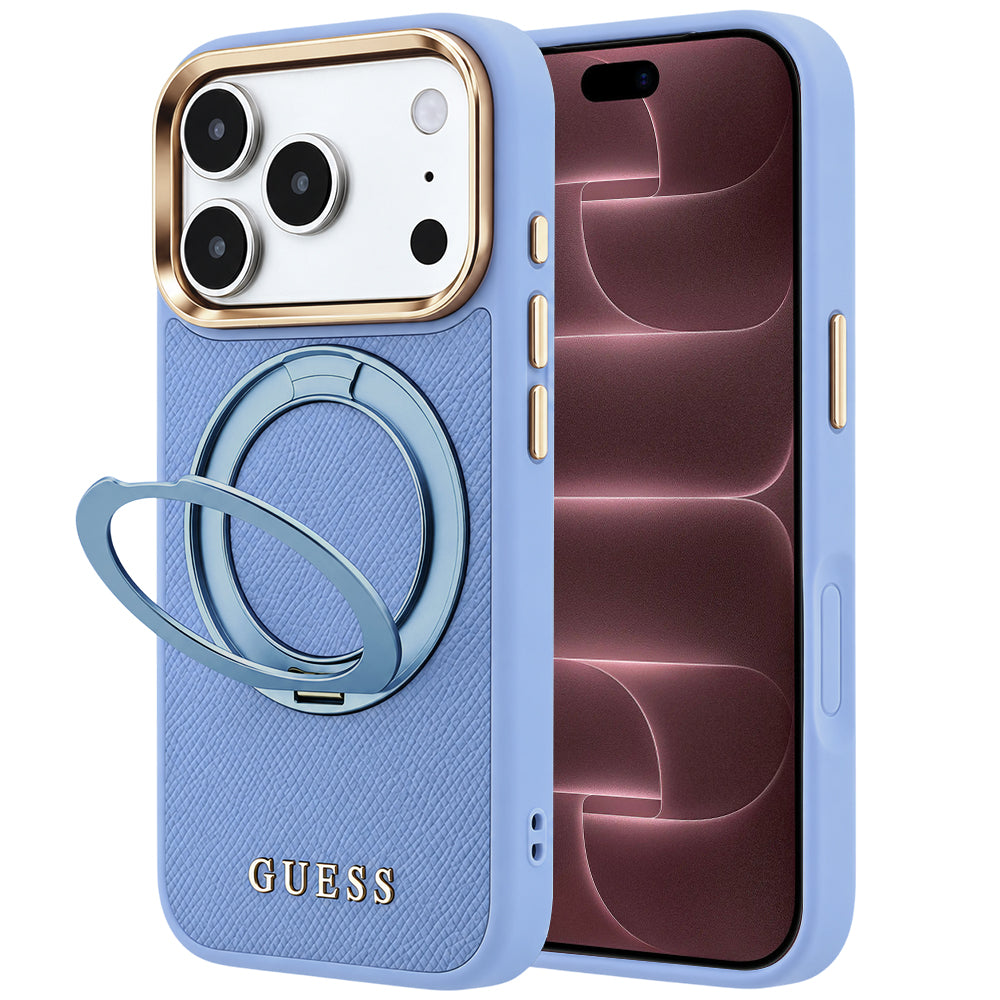 Puzdro MagSafe pre Apple iPhone 18 Pro Max / 17 Pro Max, Guess, Grained Ring Stand 360 Classic, modré