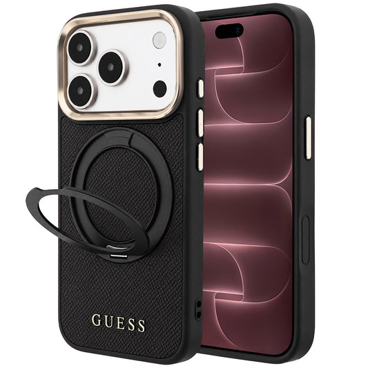 Puzdro MagSafe pre Apple iPhone 18 Pro Max / 17 Pro Max, Guess Grained Ring Stand 360 Classic, čierne