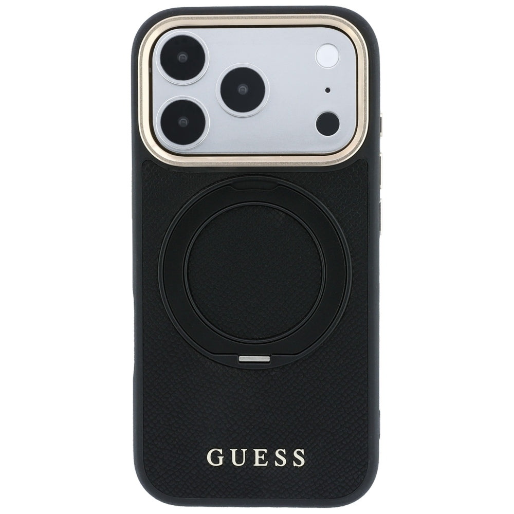 Puzdro MagSafe pre Apple iPhone 18 Pro Max / 17 Pro Max, Guess Grained Ring Stand 360 Classic, čierne