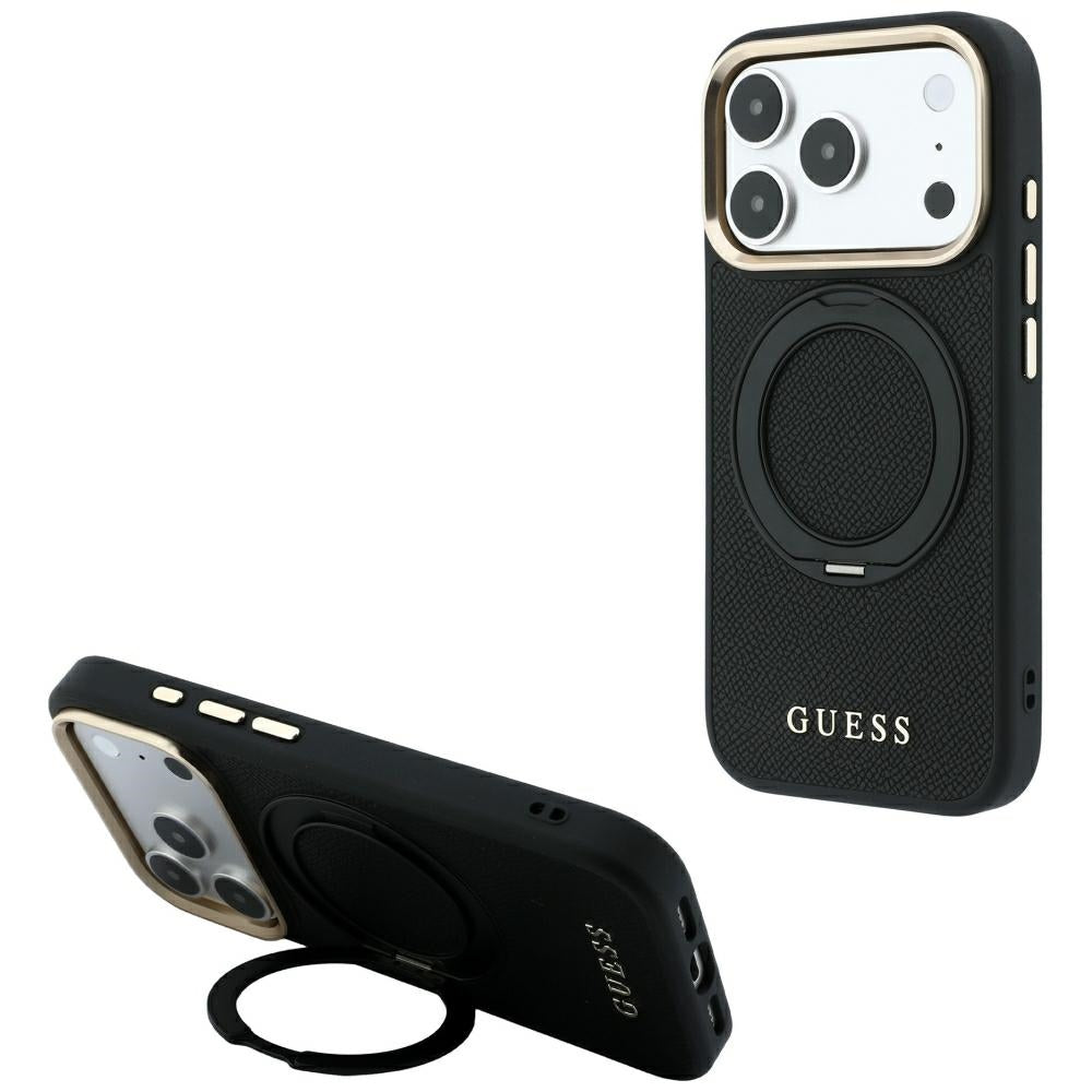 Puzdro MagSafe pre Apple iPhone 18 Pro Max / 17 Pro Max, Guess Grained Ring Stand 360 Classic, čierne