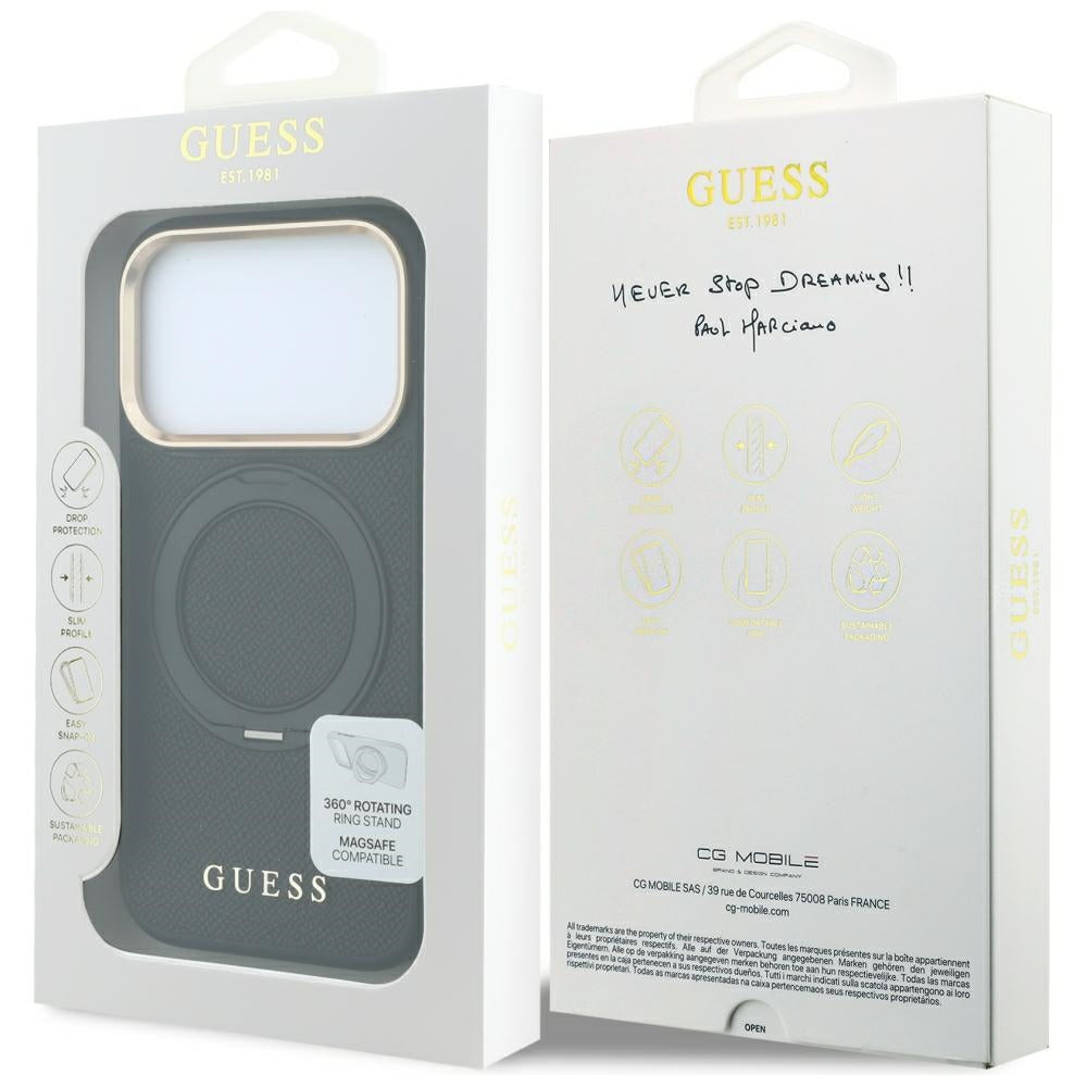 Puzdro MagSafe pre Apple iPhone 18 Pro Max / 17 Pro Max, Guess Grained Ring Stand 360 Classic, čierne