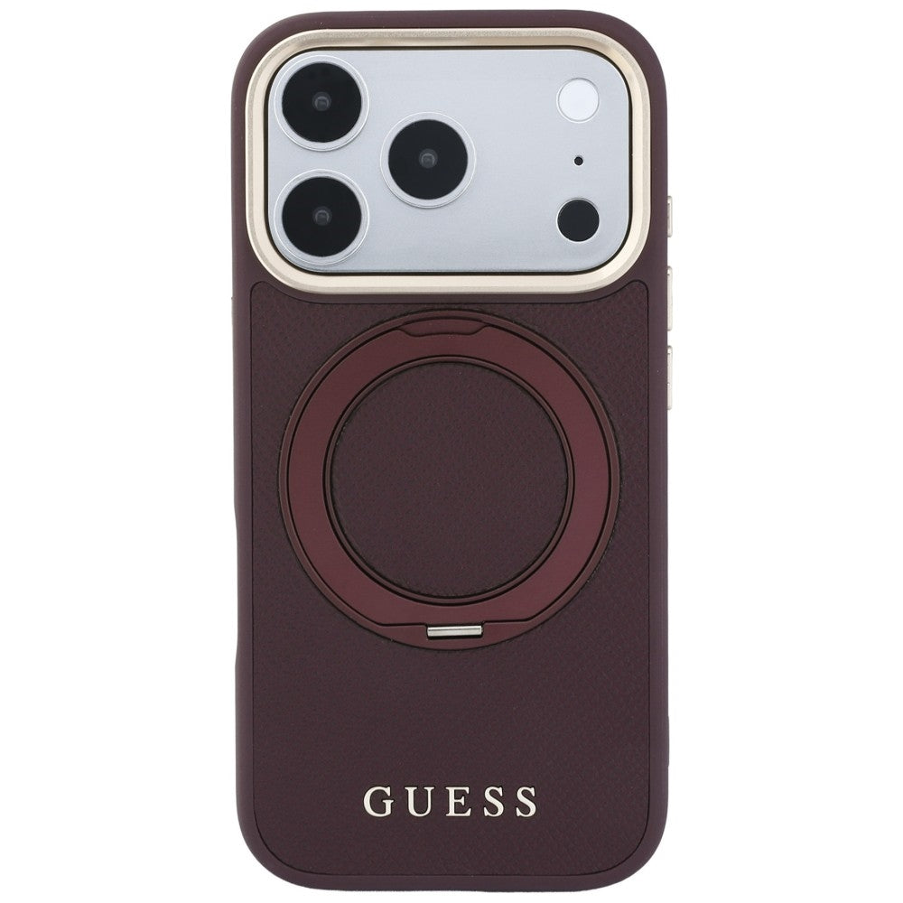 MagSafe puzdro pre Apple iPhone 18 Pro Max / 17 Pro Max, Guess, Grained Ring Stand 360 Classic, vínové