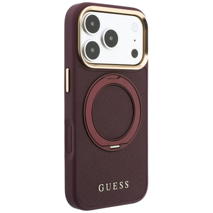 MagSafe puzdro pre Apple iPhone 18 Pro Max / 17 Pro Max, Guess, Grained Ring Stand 360 Classic, vínové