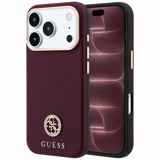 MagSafe puzdro pre Apple iPhone 18 Pro Max / 17 Pro Max, Guess, Štruktúrované okrúhle logo so štrasom, Bordové