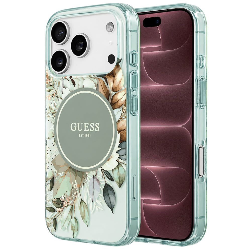 Puzdro MagSafe pre Apple iPhone 18 Pro Max / 17 Pro Max, Guess, IML Flower & Tonal Circle, zelené