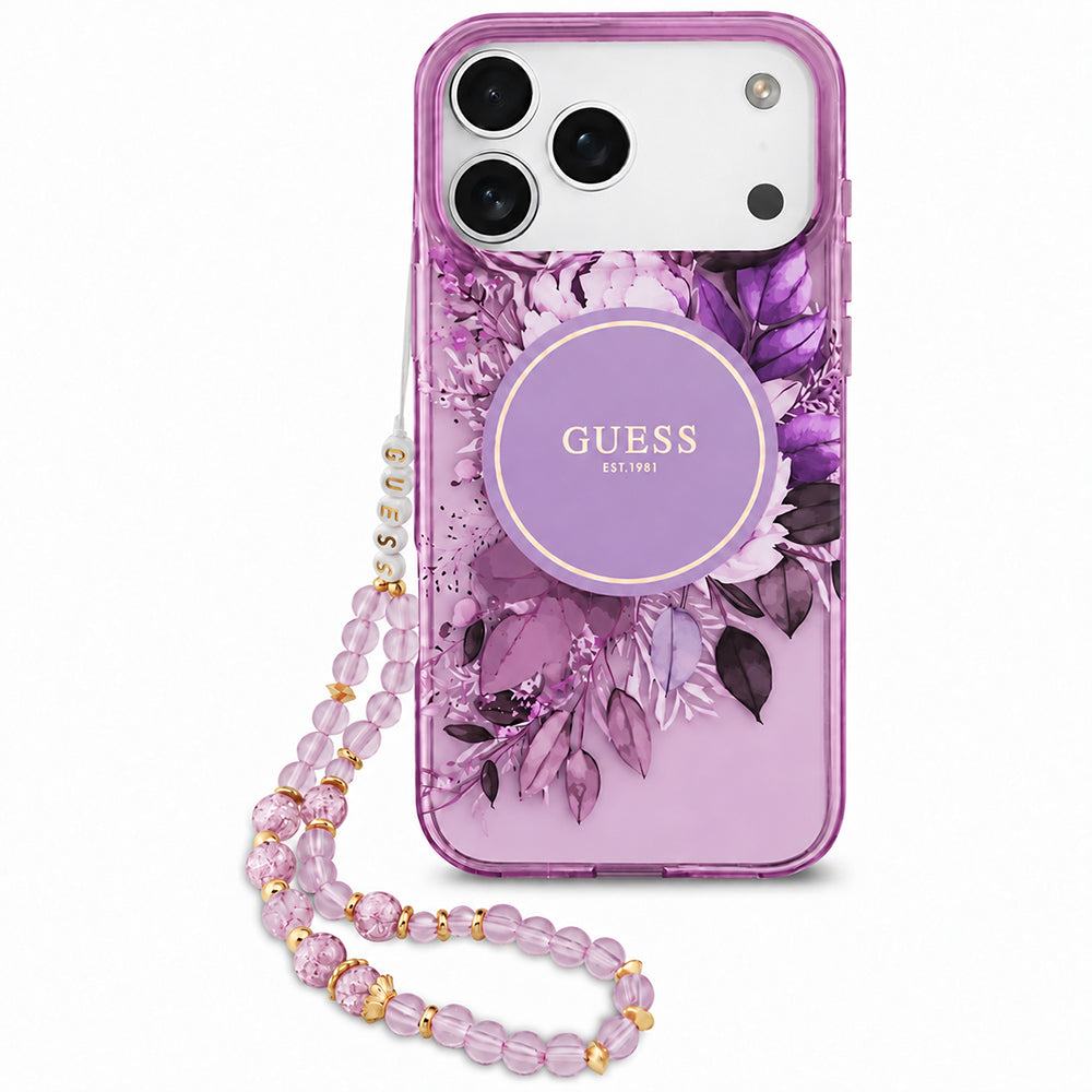 Puzdro MagSafe pre Apple iPhone 18 Pro Max / 17 Pro Max, Guess, IML Flowers with Pearl Strap, fialové