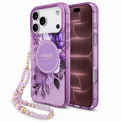 Puzdro MagSafe pre Apple iPhone 18 Pro Max / 17 Pro Max, Guess, IML Flowers with Pearl Strap, fialové