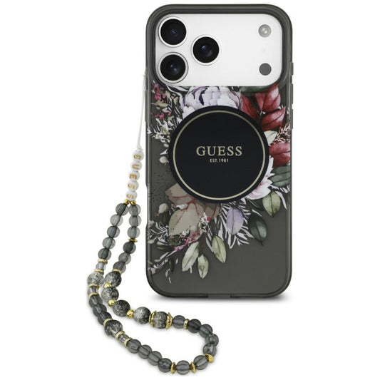 MagSafe Case for Apple iPhone 18 Pro Max / 17 Pro Max, Guess, IML Flowers with Pearl Strap, Black