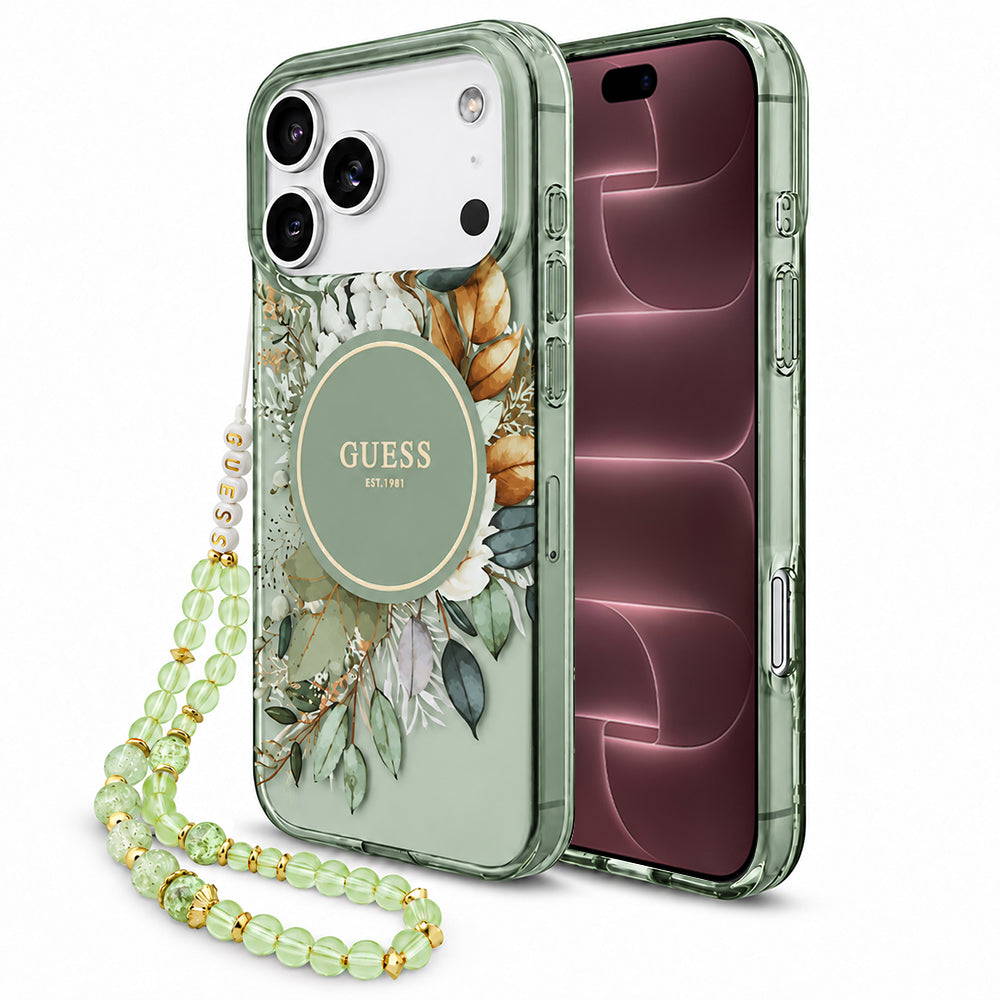 Puzdro MagSafe pre Apple iPhone 18 Pro Max / 17 Pro Max, Guess, IML Flowers with Pearl Strap, zelené