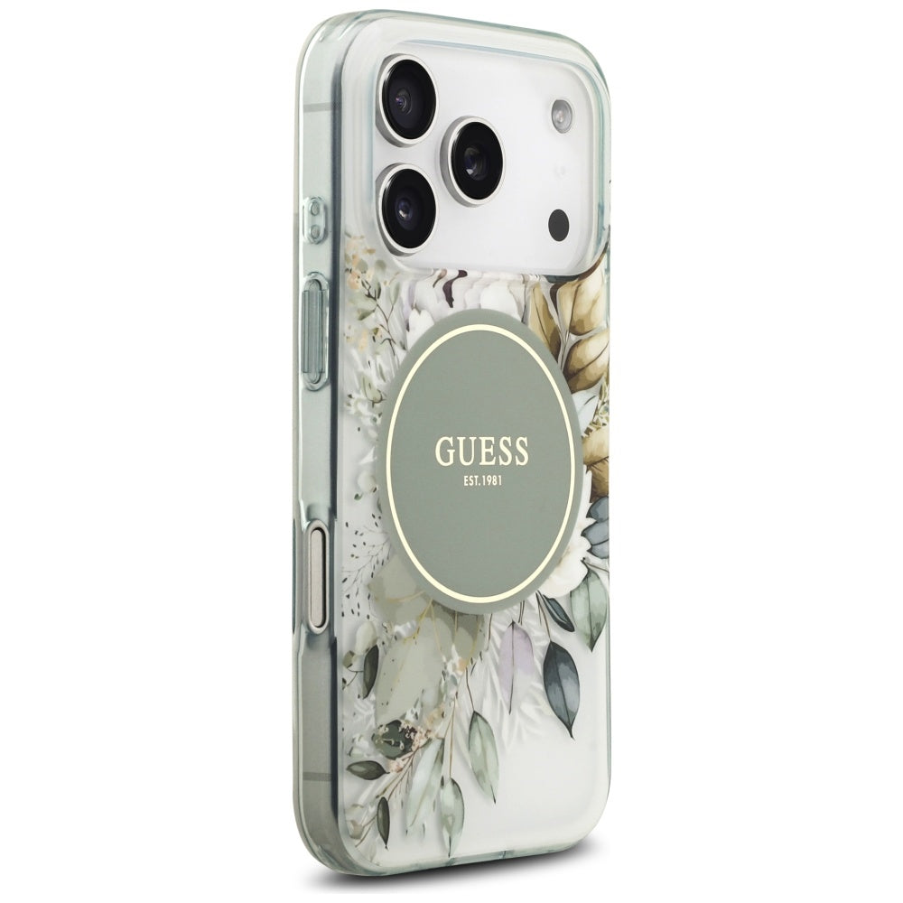 Puzdro MagSafe pre Apple iPhone 18 Pro Max / 17 Pro Max, Guess, IML Flowers with Pearl Strap, zelené
