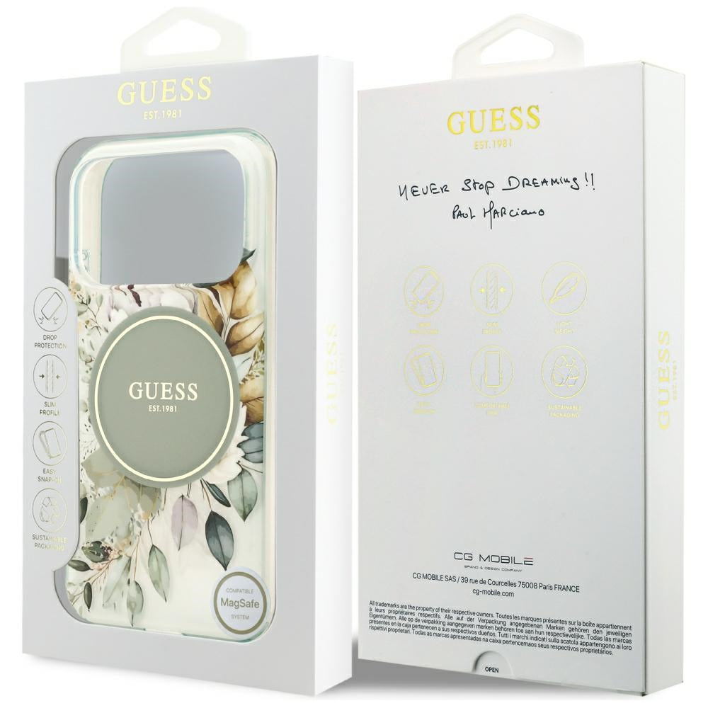 Puzdro MagSafe pre Apple iPhone 18 Pro Max / 17 Pro Max, Guess, IML Flowers with Pearl Strap, zelené