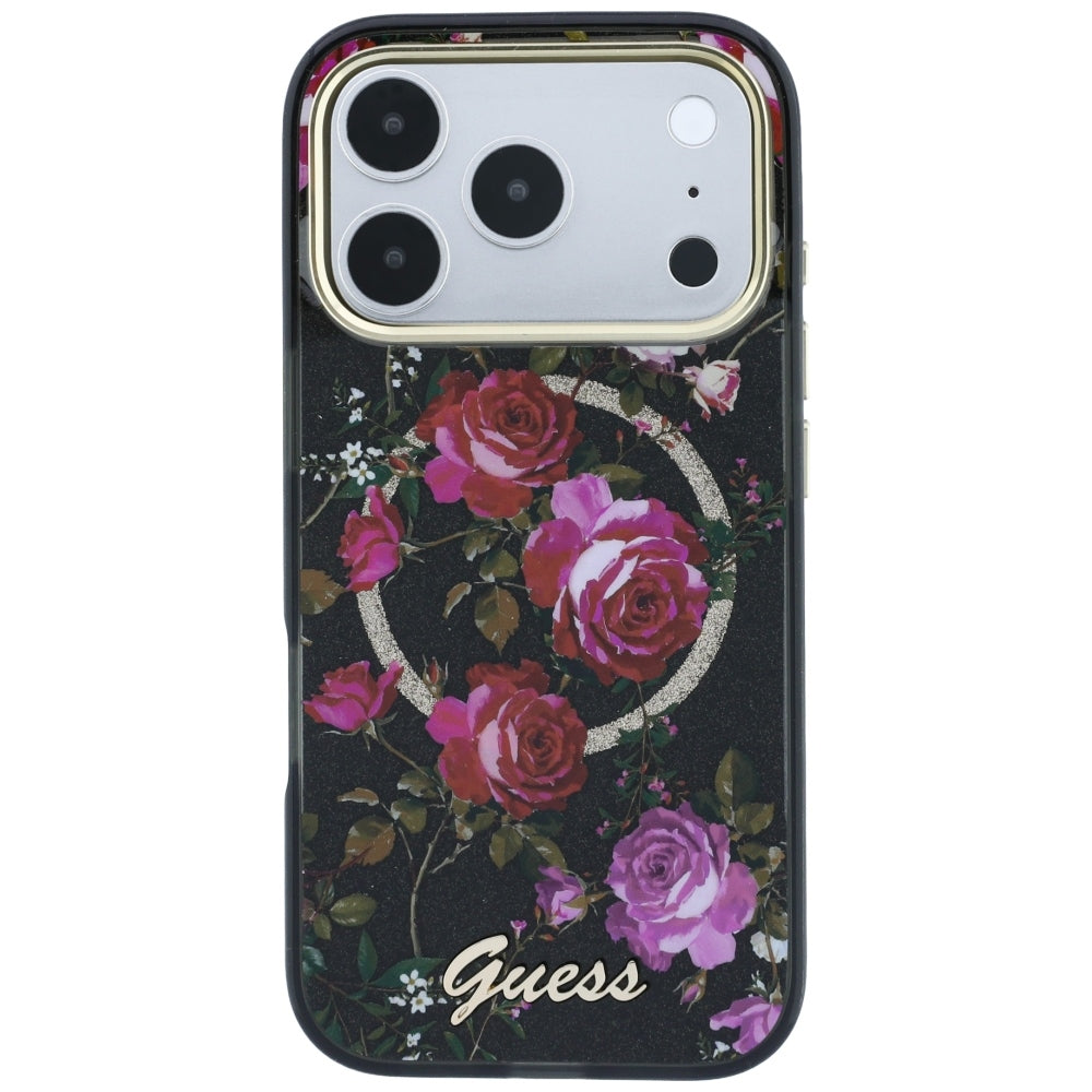 MagSafe puzdro pre Apple iPhone 18 Pro Max / 17 Pro Max, Guess, IML Glitter Blossom Roses, čierne