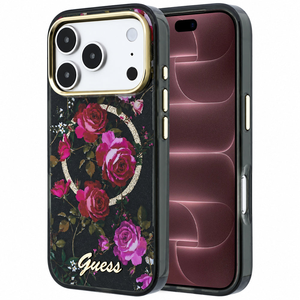 MagSafe puzdro pre Apple iPhone 18 Pro Max / 17 Pro Max, Guess, IML Glitter Blossom Roses, čierne