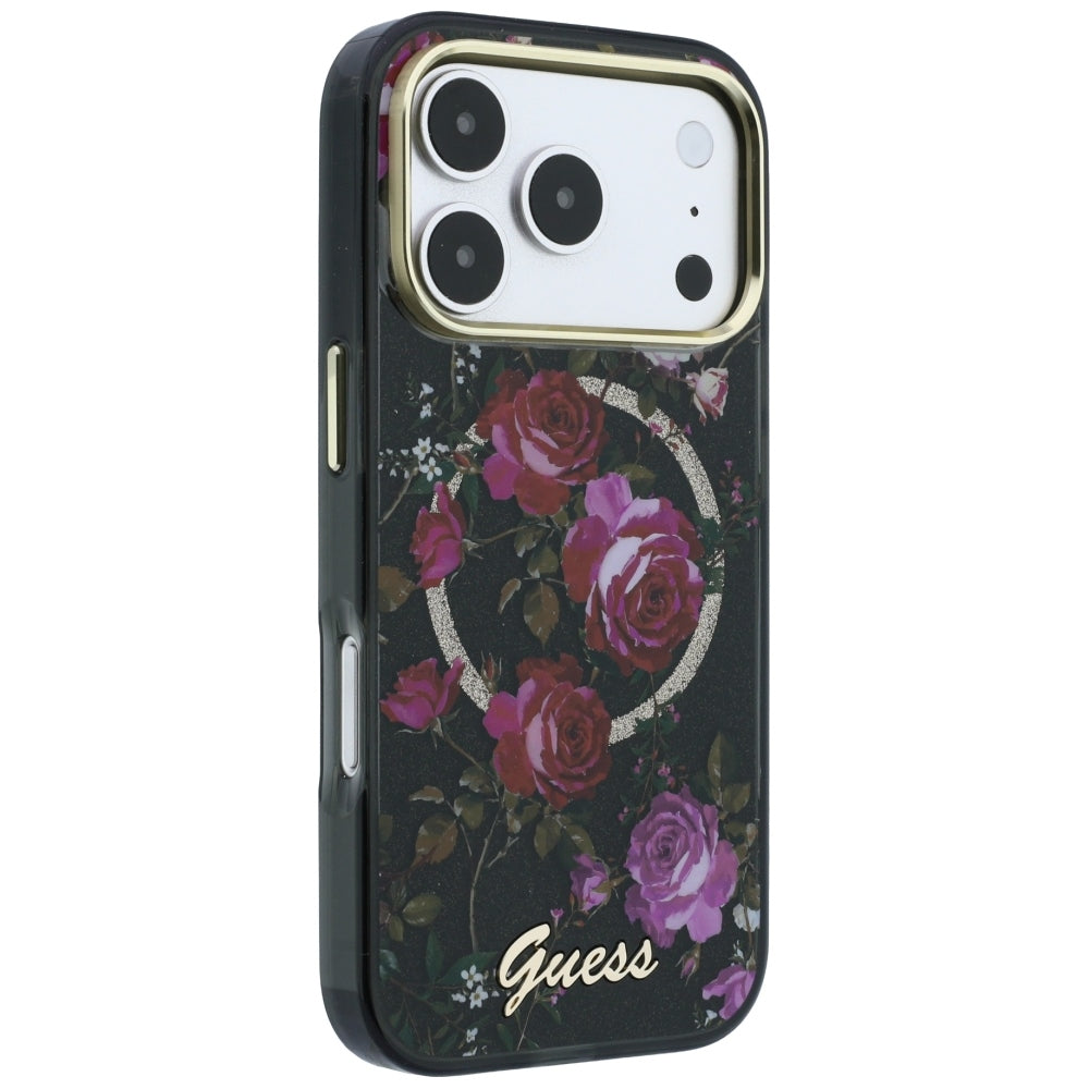 MagSafe puzdro pre Apple iPhone 18 Pro Max / 17 Pro Max, Guess, IML Glitter Blossom Roses, čierne