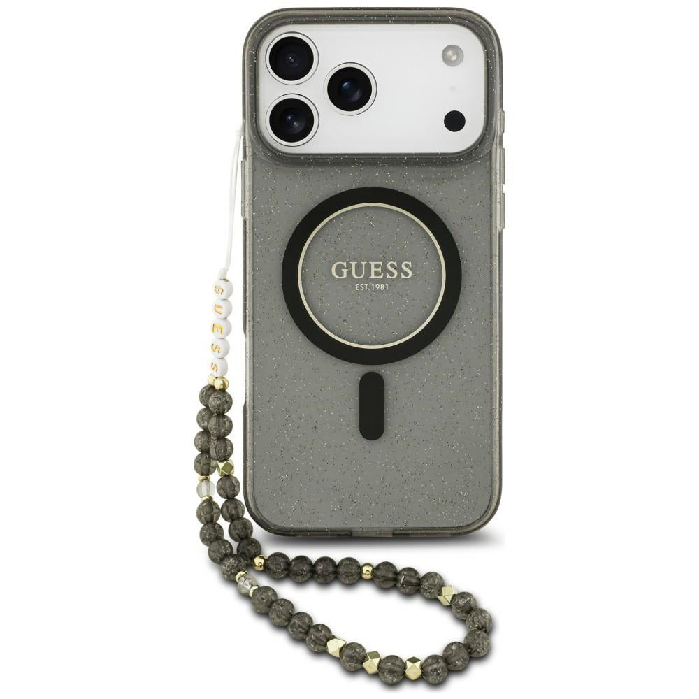 Puzdro MagSafe pre Apple iPhone 18 Pro Max / 17 Pro Max, Guess, IML Glitter with Pearl Strap, čierne