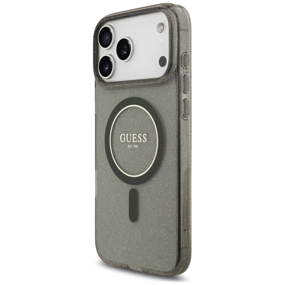 Puzdro MagSafe pre Apple iPhone 18 Pro Max / 17 Pro Max, Guess, IML Glitter with Pearl Strap, čierne