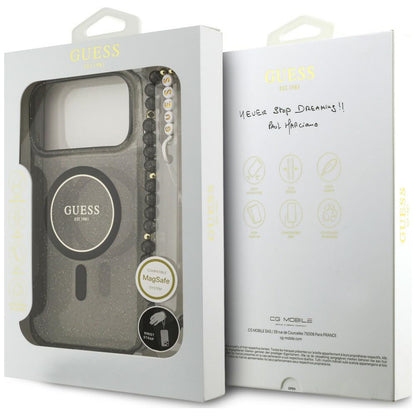 Puzdro MagSafe pre Apple iPhone 18 Pro Max / 17 Pro Max, Guess, IML Glitter with Pearl Strap, čierne