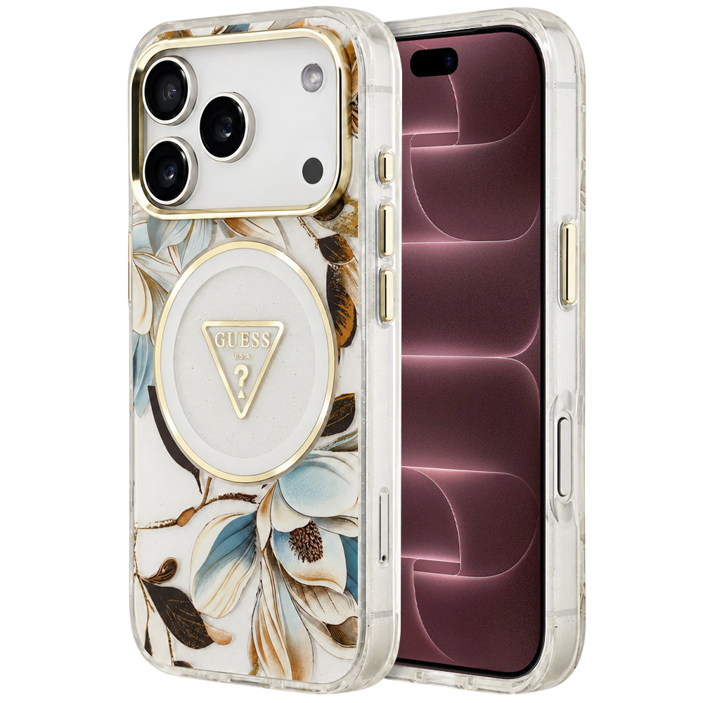 Puzdro MagSafe pre Apple iPhone 18 Pro Max / 17 Pro Max, Guess, IML Metal Glitter Flowers Triangle, biele