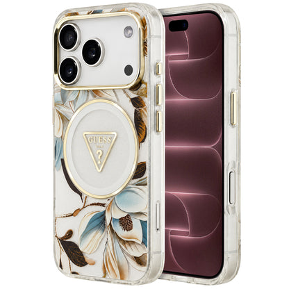 Puzdro MagSafe pre Apple iPhone 18 Pro Max / 17 Pro Max, Guess, IML Metal Glitter Flowers Triangle, biele