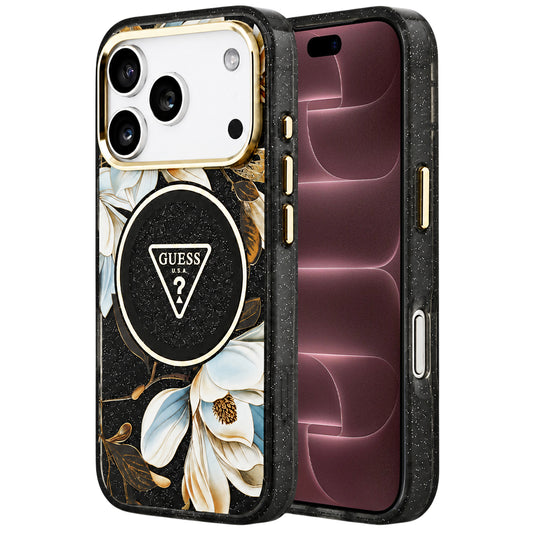 Puzdro MagSafe pre Apple iPhone 18 Pro Max / 17 Pro Max, Guess, IML Metal Glitter Flowers Triangle, čierne