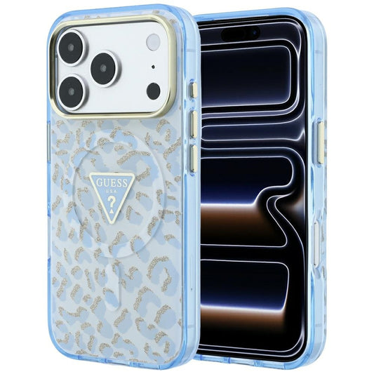 MagSafe puzdro pre Apple iPhone 18 Pro Max / 17 Pro Max, Guess, Leopard Glitter Triangle Logo, Modrá