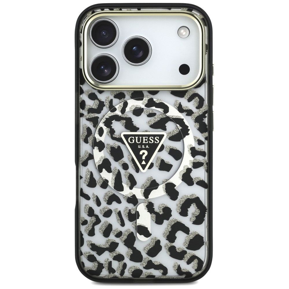MagSafe puzdro pre Apple iPhone 18 Pro Max / 17 Pro Max, Guess, Leopard Glitter Triangle Logo, Čierne