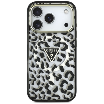 MagSafe puzdro pre Apple iPhone 18 Pro Max / 17 Pro Max, Guess, Leopard Glitter Triangle Logo, Čierne
