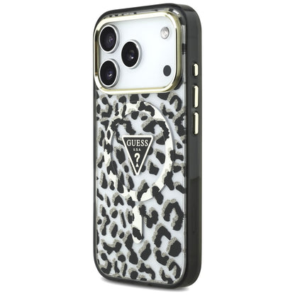 MagSafe puzdro pre Apple iPhone 18 Pro Max / 17 Pro Max, Guess, Leopard Glitter Triangle Logo, Čierne
