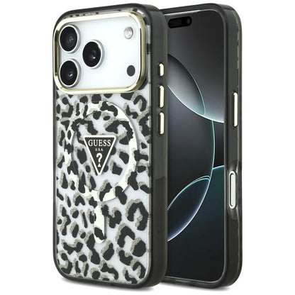 MagSafe puzdro pre Apple iPhone 18 Pro Max / 17 Pro Max, Guess, Leopard Glitter Triangle Logo, Čierne