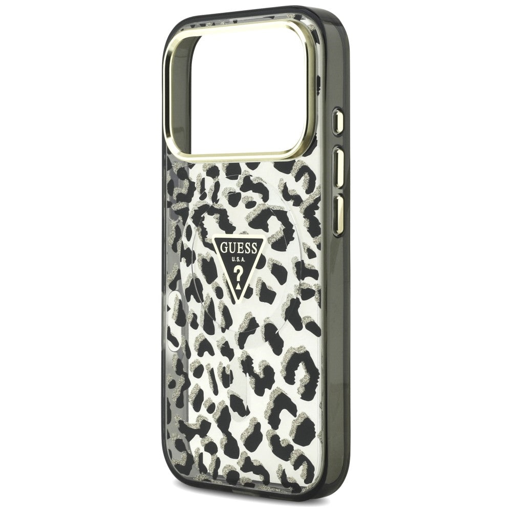 MagSafe puzdro pre Apple iPhone 18 Pro Max / 17 Pro Max, Guess, Leopard Glitter Triangle Logo, Čierne
