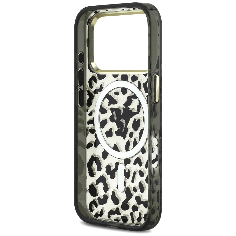 MagSafe puzdro pre Apple iPhone 18 Pro Max / 17 Pro Max, Guess, Leopard Glitter Triangle Logo, Čierne