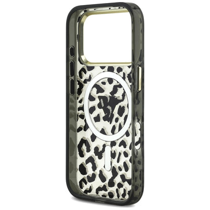 MagSafe puzdro pre Apple iPhone 18 Pro Max / 17 Pro Max, Guess, Leopard Glitter Triangle Logo, Čierne