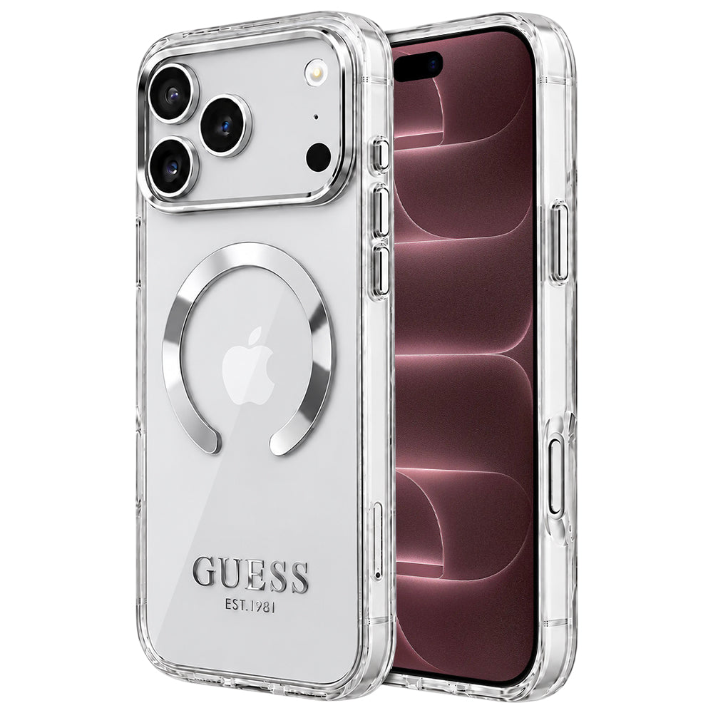 MagSafe puzdro pre Apple iPhone 18 Pro Max / 17 Pro Max, Guess, Metal Outline, Strieborné