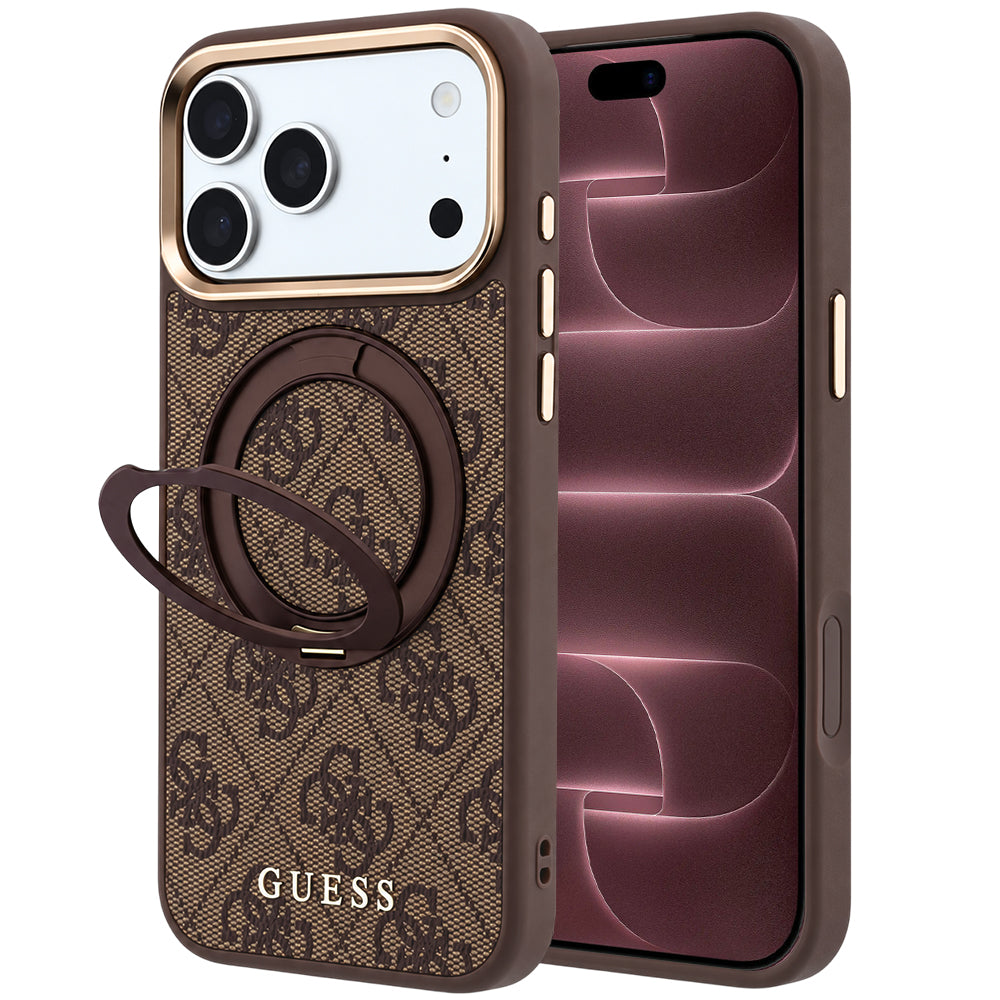 MagSafe puzdro pre Apple iPhone 18 Pro Max / 17 Pro Max, Guess, Ring Stand 360 4G Classic Logo, Hnedé