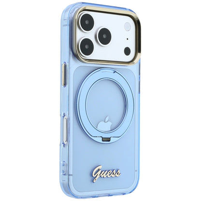 MagSafe puzdro pre Apple iPhone 18 Pro Max / 17 Pro Max, Guess, Ring Stand Script Metal Logo, Modrá