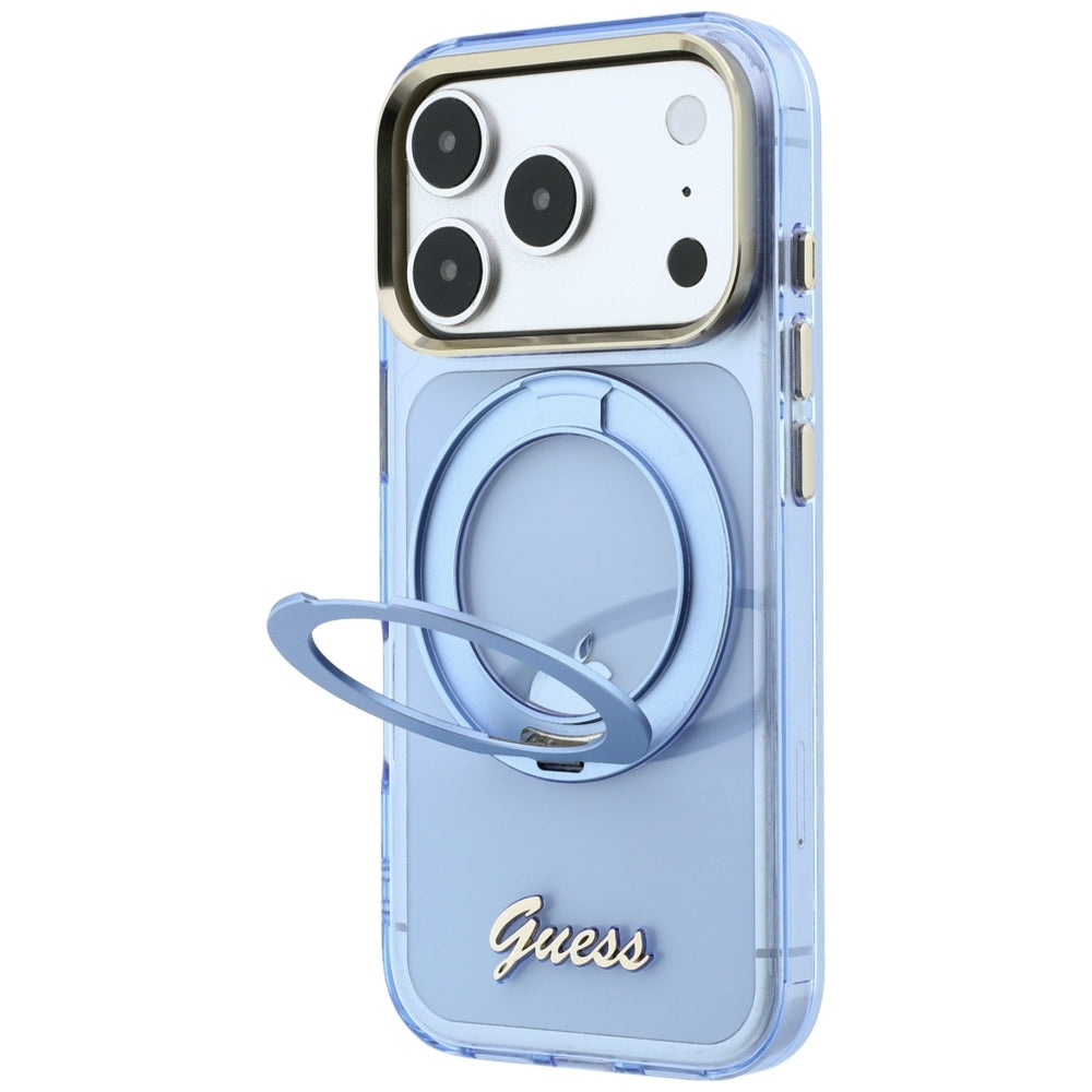 MagSafe puzdro pre Apple iPhone 18 Pro Max / 17 Pro Max, Guess, Ring Stand Script Metal Logo, Modrá