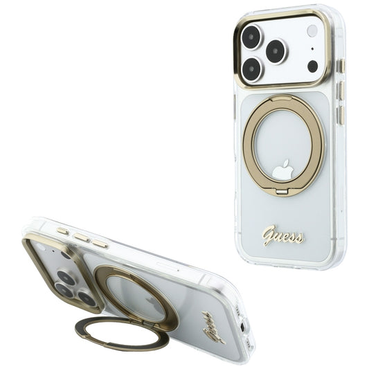MagSafe puzdro pre Apple iPhone 18 Pro Max / 17 Pro Max, Guess, Ring Stand Script Metal Logo, Priehľadné
