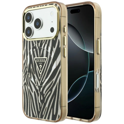 MagSafe puzdro pre Apple iPhone 18 Pro Max / 17 Pro Max, Guess, Zebra Glitter Triangle Logo, Zlaté