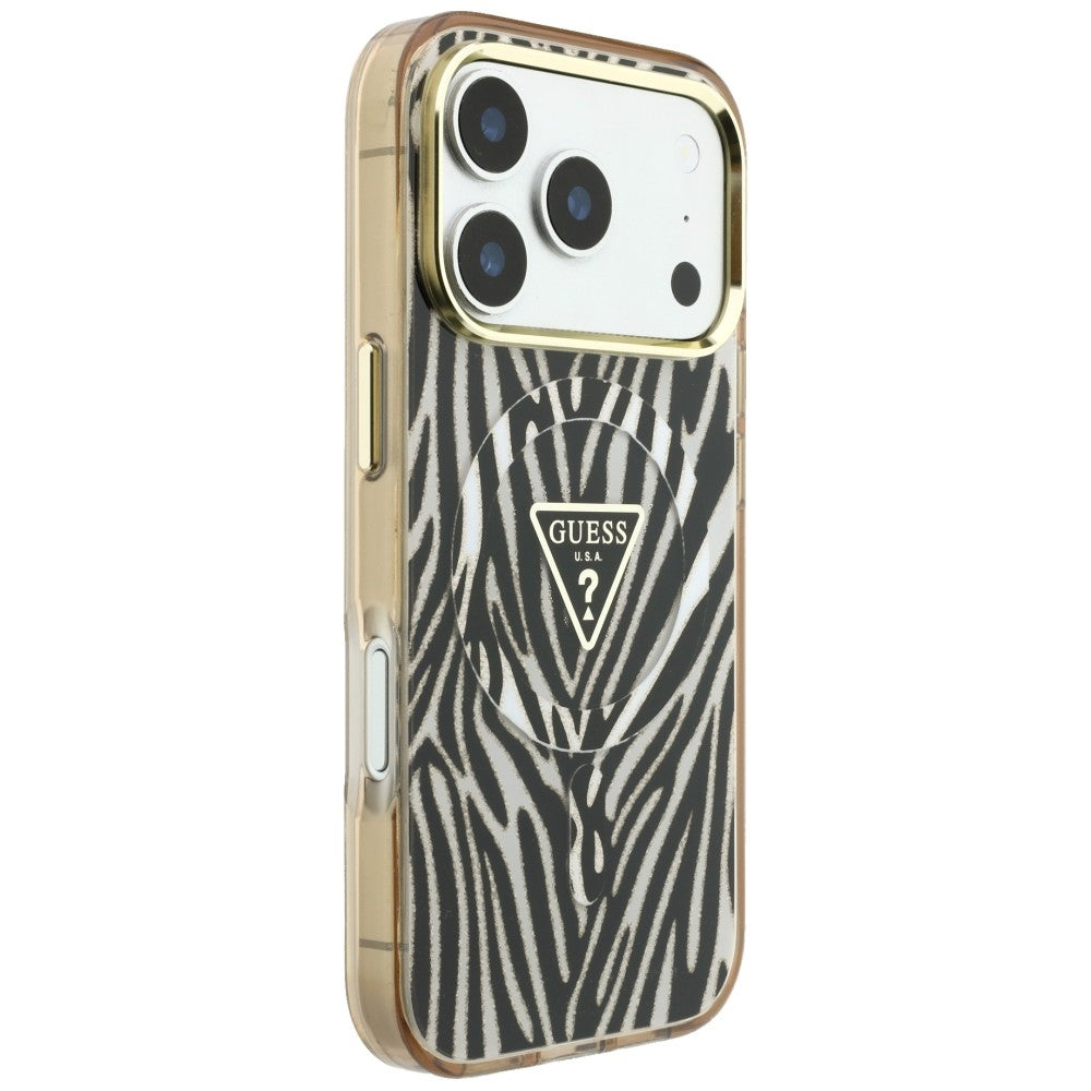 MagSafe puzdro pre Apple iPhone 18 Pro Max / 17 Pro Max, Guess, Zebra Glitter Triangle Logo, Zlaté