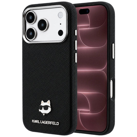 Puzdro MagSafe pre Apple iPhone 18 Pro Max / 17 Pro Max, Karl Lagerfeld, Grained Choupette Head Metal, čierne