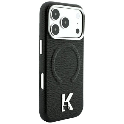 Puzdro MagSafe pre Apple iPhone 18 Pro Max / 17 Pro Max, Karl Lagerfeld, s reliéfom zrnitej textúry a prsteňom, čierne