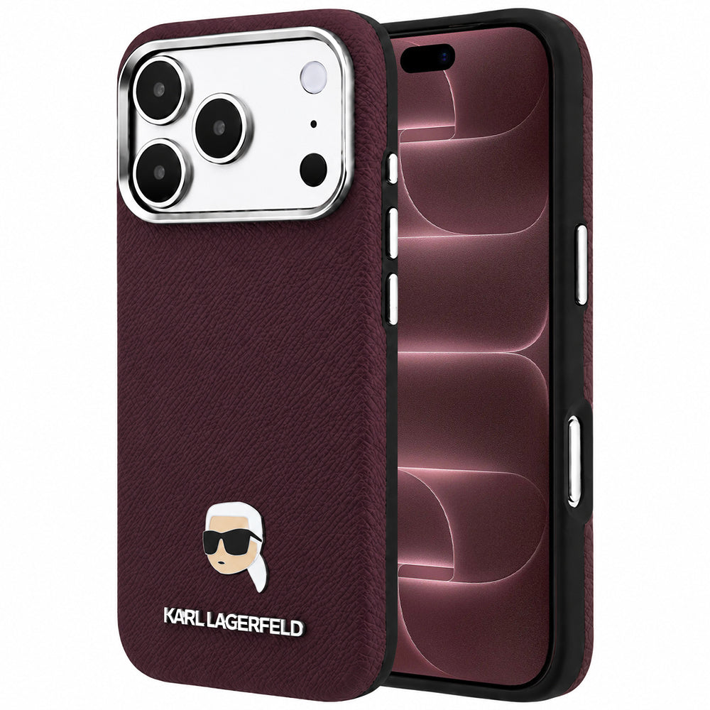 MagSafe puzdro pre Apple iPhone 18 Pro Max / 17 Pro Max, Karl Lagerfeld, Štruktúrovaná kovová hlava Karla, Bordová