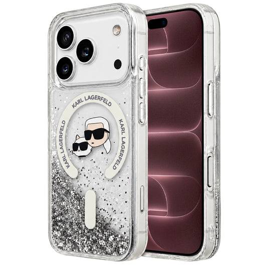 MagSafe puzdro pre Apple iPhone 18 Pro Max / 17 Pro Max, Karl Lagerfeld, Liquid Glitter Karl & Choupette Head's, Priehľadné