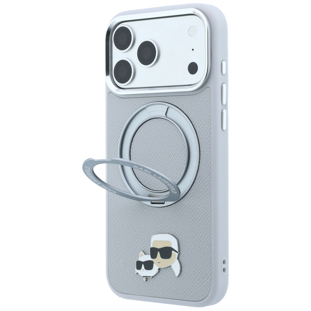 Puzdro MagSafe pre Apple iPhone 18 Pro Max / 17 Pro Max, Karl Lagerfeld, Ring Stand 360 Karl & Choupette Pin, sivé