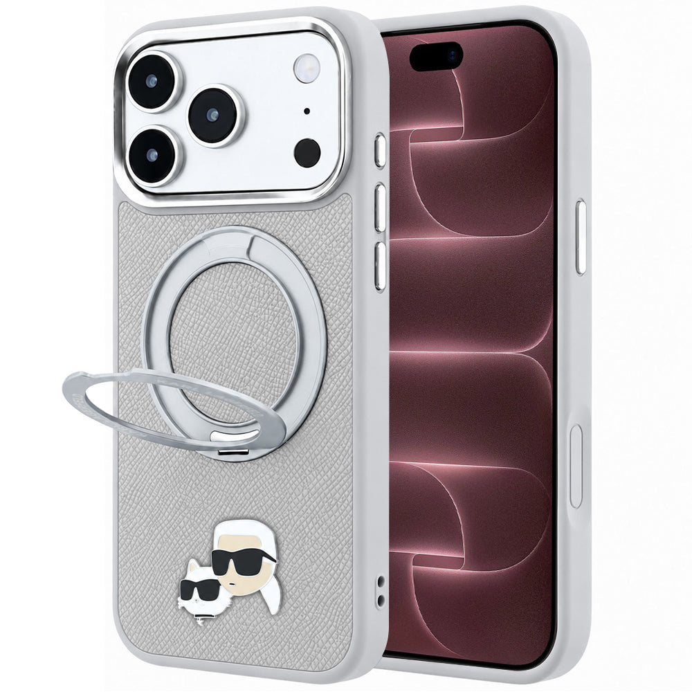 Puzdro MagSafe pre Apple iPhone 18 Pro Max / 17 Pro Max, Karl Lagerfeld, Ring Stand 360 Karl & Choupette Pin, sivé