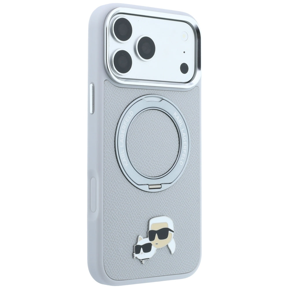 Puzdro MagSafe pre Apple iPhone 18 Pro Max / 17 Pro Max, Karl Lagerfeld, Ring Stand 360 Karl & Choupette Pin, sivé