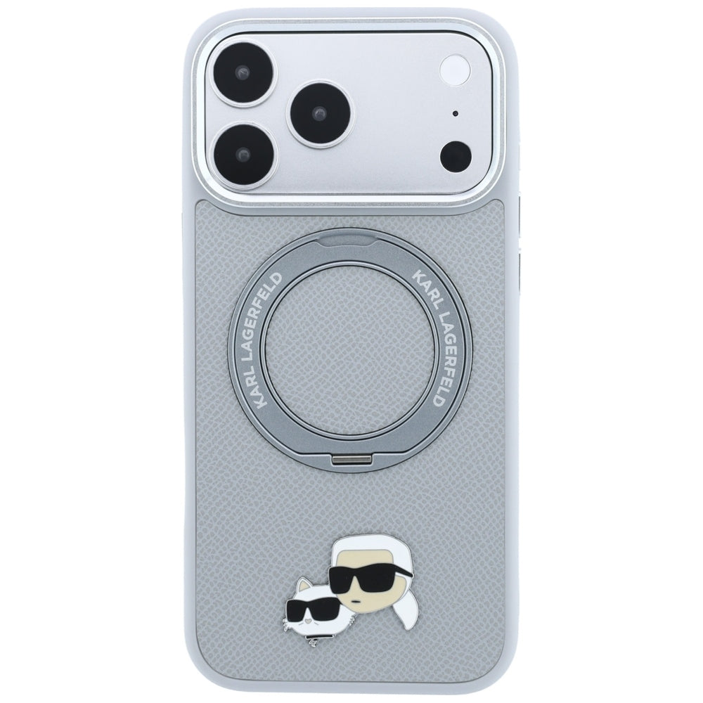 Puzdro MagSafe pre Apple iPhone 18 Pro Max / 17 Pro Max, Karl Lagerfeld, Ring Stand 360 Karl & Choupette Pin, sivé