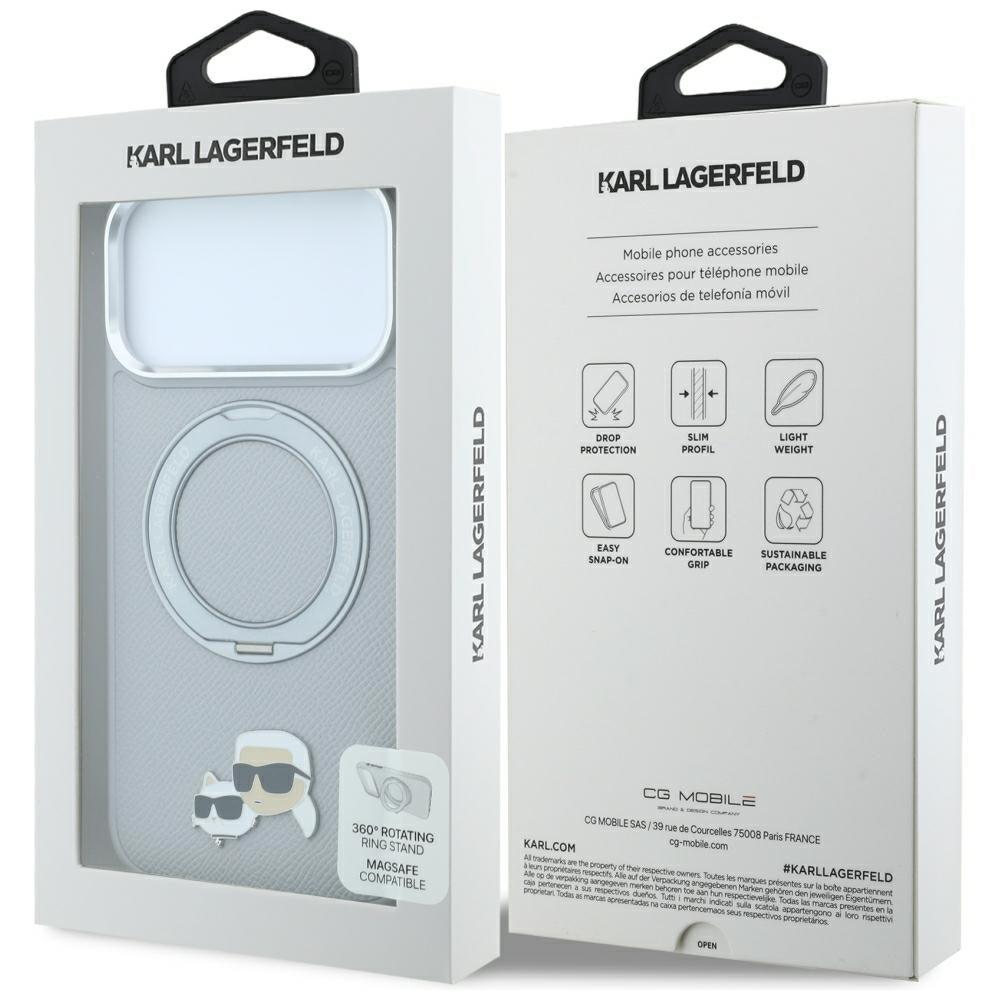 Puzdro MagSafe pre Apple iPhone 18 Pro Max / 17 Pro Max, Karl Lagerfeld, Ring Stand 360 Karl & Choupette Pin, sivé